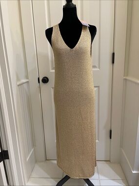 Yunika Metallic Gold Knit  Maxi Dress/Swimsuit Coverup Size M NWT